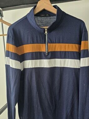 SHEIN Navy Zip-Up Sweater with Orange and White Stripes